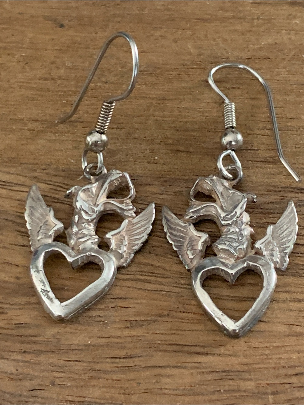 Sterling Silver Heart & Wing Dragon Drop Earrings